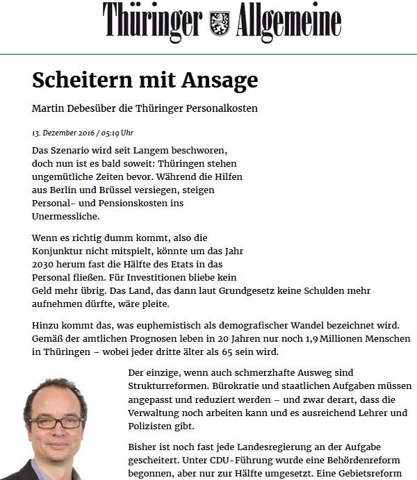 Scheitern mit Ansage von Martin Debes, Thüringer Allgemeine zu Persolalkosten in Thüringen