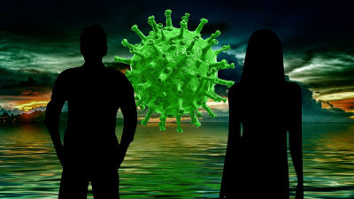 Mann und Frau am Meer mit Coronavirus Abstand